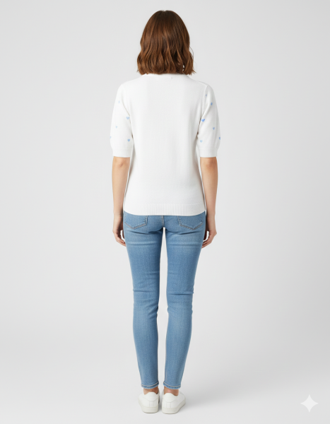 Damen Feinstrick-Pullover weiß mit hellblauen Herzen