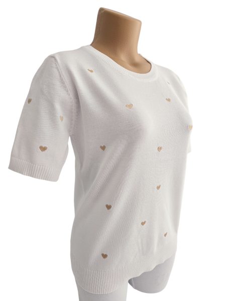 Damen Feinstrick-Pullover weiß mit goldenen Herzen