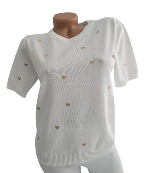 Damen Feinstrick-Pullover weiß mit goldenen Herzen