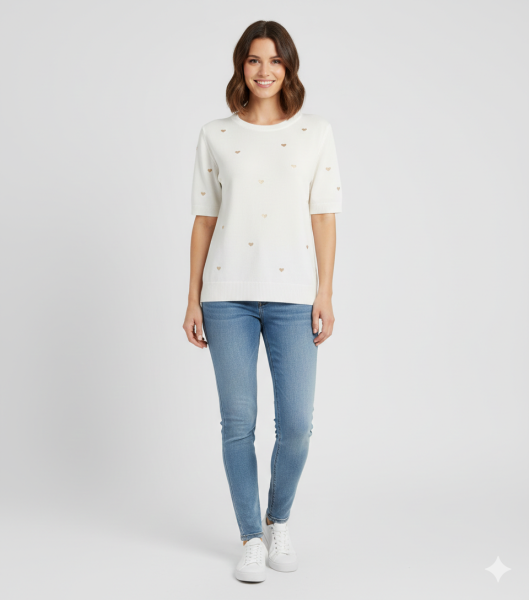 Damen Feinstrick-Pullover weiß mit goldenen Herzen