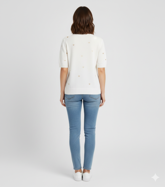 Damen Feinstrick-Pullover weiß mit goldenen Herzen