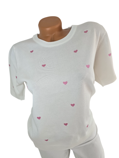 Damen Feinstrick-Pullover weiß mit rosa Herzen