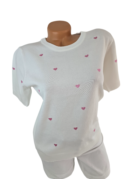 Damen Feinstrick-Pullover weiß mit rosa Herzen