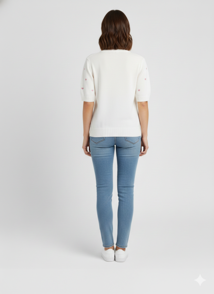 Damen Feinstrick-Pullover weiß mit rosa Herzen