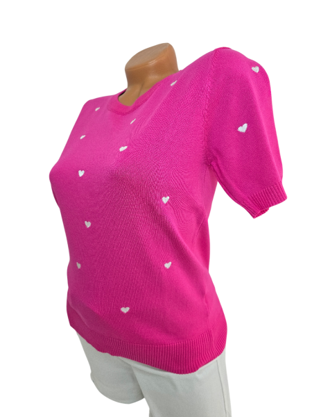Damen Feinstrick-Pullover pink mit weißen Herzen