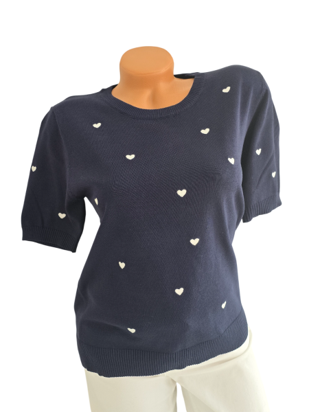 Damen Feinstrick-Pullover marine mit weißen Herzen