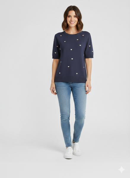 Damen Feinstrick-Pullover marine mit weißen Herzen