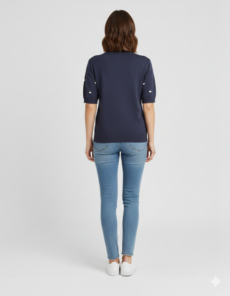 Damen Feinstrick-Pullover marine mit weißen Herzen
