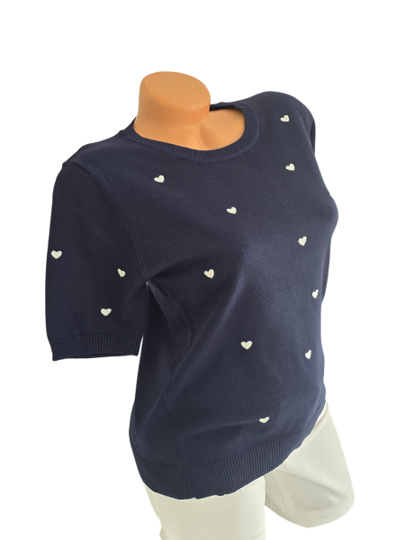 Damen Feinstrick-Pullover marine mit weißen Herzen