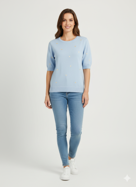 Damen Feinstrick-Pullover hellblau mit goldenen Herzen
