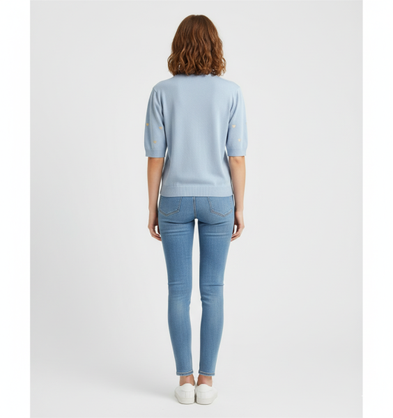 Damen Feinstrick-Pullover hellblau mit goldenen Herzen