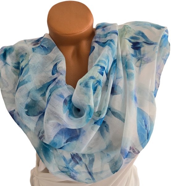 Damen Tuch Schal Stola Seidentuch blau grün weiß floral