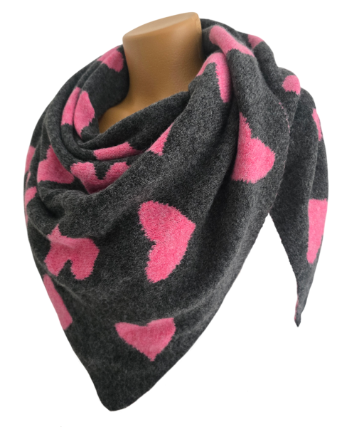 Wendeschal Winterschal Dreiecktuch Herz pink dunkelgrau kuschelweich warm