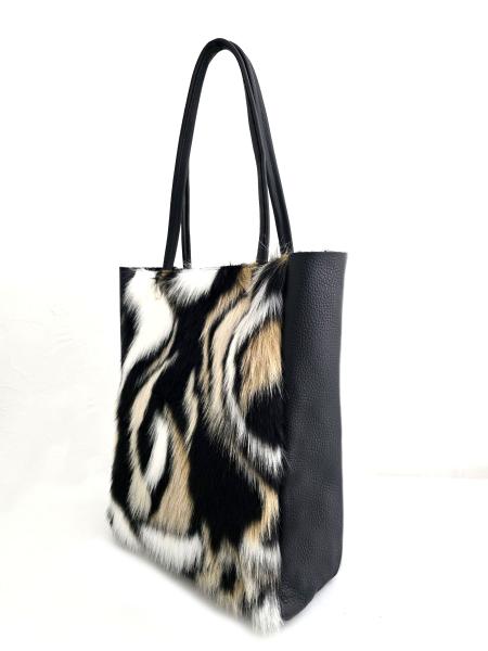 Damen Schultertasche Shopper mit Reißverschluss in Fell-Optik echt Leder