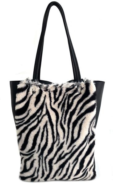 Damen Schultertasche Shopper mit Reißverschluss in Fell-Optik echt Leder