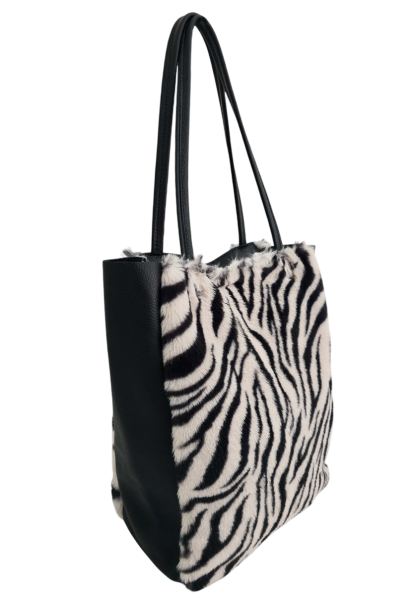 Damen Schultertasche Shopper mit Reißverschluss in Fell-Optik echt Leder