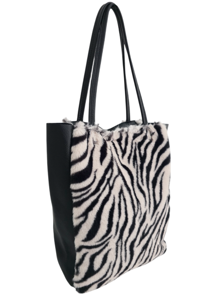 Damen Schultertasche Shopper mit Reißverschluss in Fell-Optik echt Leder
