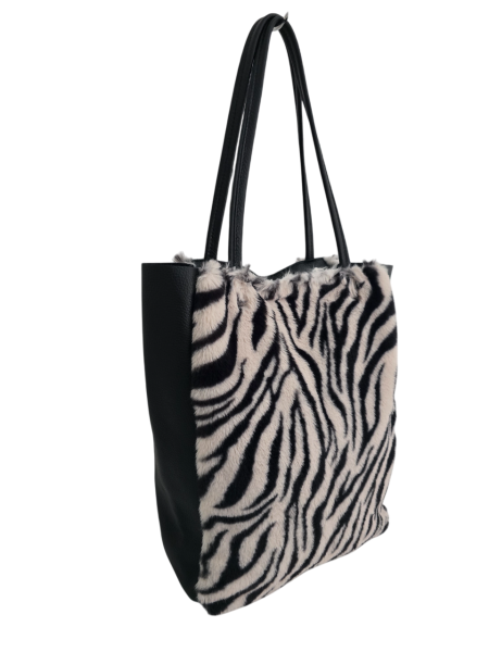 Damen Schultertasche Shopper mit Reißverschluss in Fell-Optik echt Leder