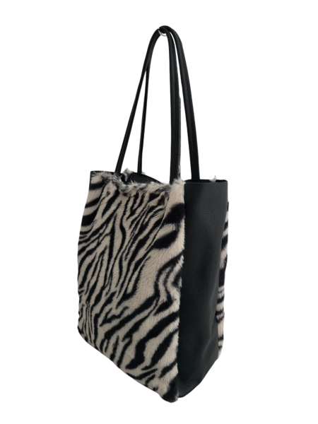 Damen Schultertasche Shopper mit Reißverschluss in Fell-Optik echt Leder