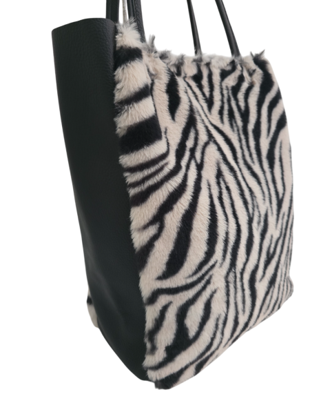 Damen Schultertasche Shopper mit Reißverschluss in Fell-Optik echt Leder