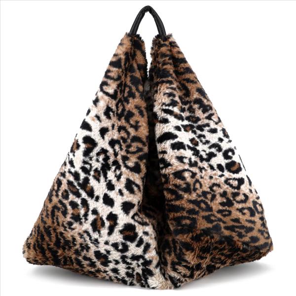 Damen Tasche Schultertasche Kunstfell Plüsch im Leoparden Look